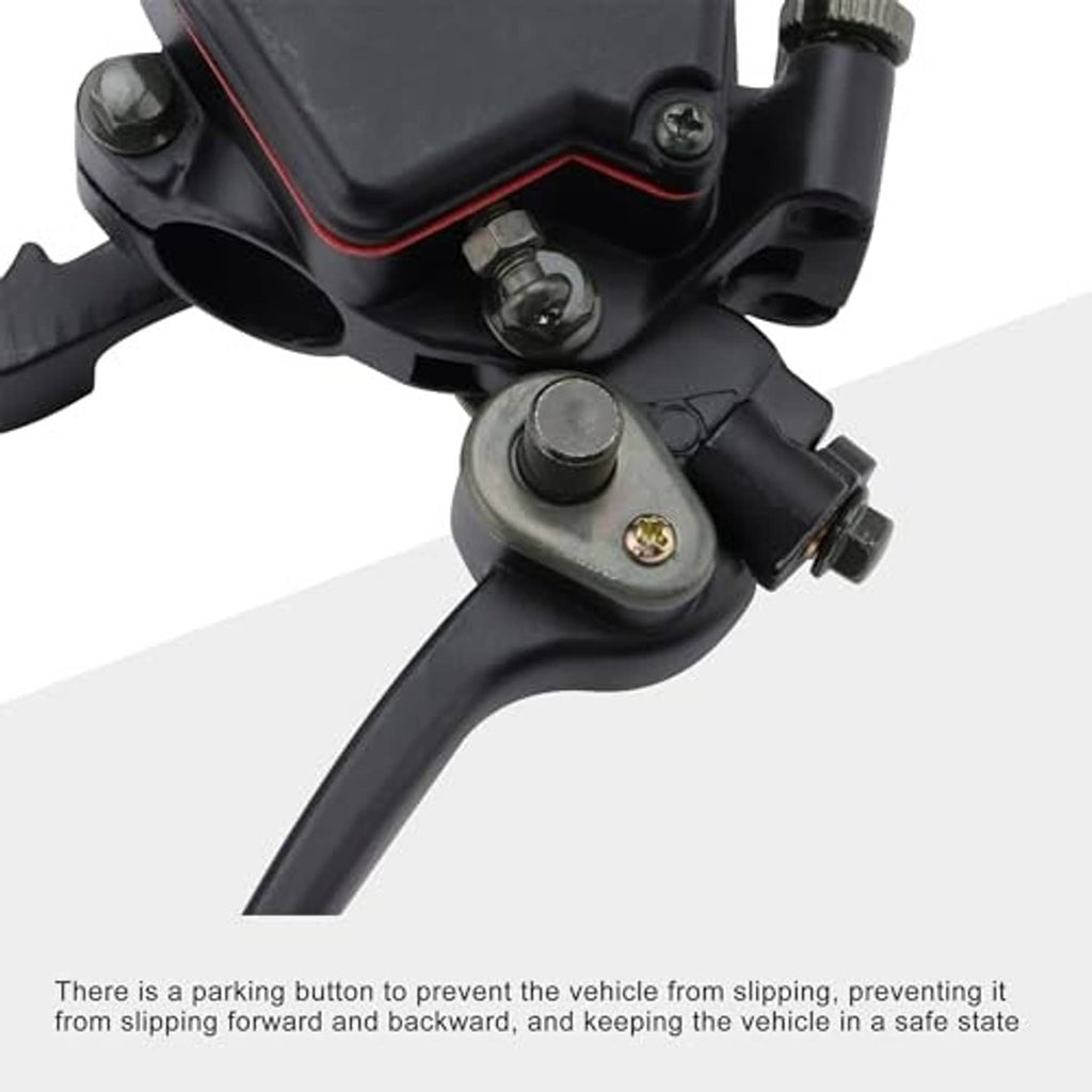 Close-up of black brake lever thumb throttle control, switch area, and mounting bolt