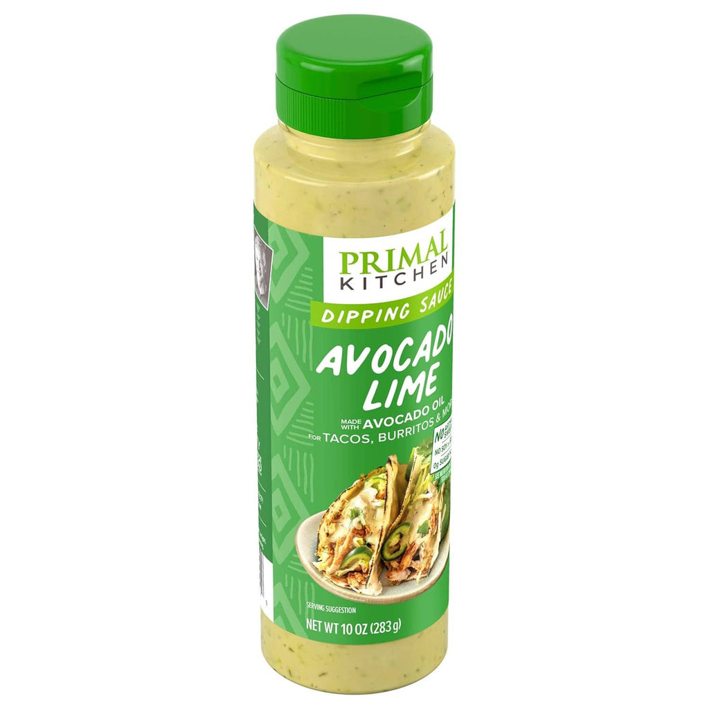 Primal Kitchen avocado-lime dipping sauce bottle, front label close-up