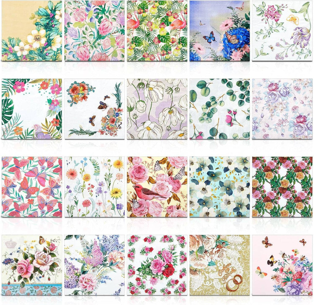 Floral paper napkins pattern grid with roses, greenery leaves, and butterfly illustrations