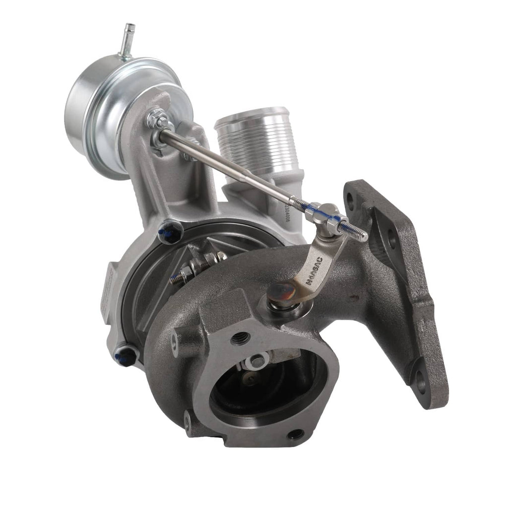 Left turbocharger with wastegate actuator rods and silver intake tube