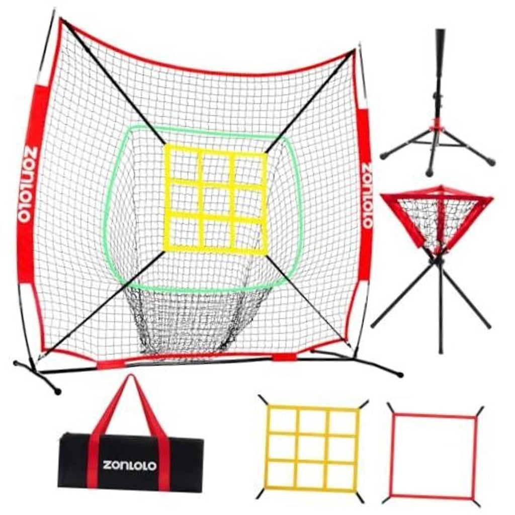 Portable baseball/softball net with red frame, white mesh, green target lines, yellow grid
