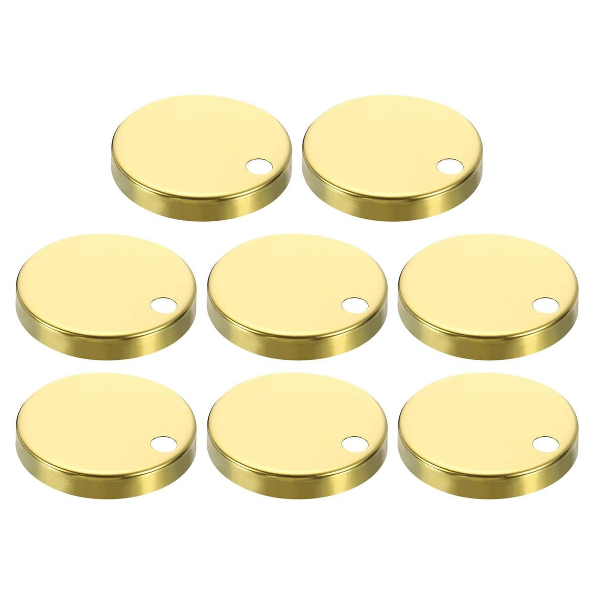 Toilet seat hinge cover set: eight round gold metal caps with center screw hole