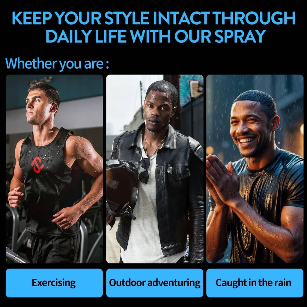 Hair fiber water-resistant spray bottle shown in use collage, against wet-weather styling