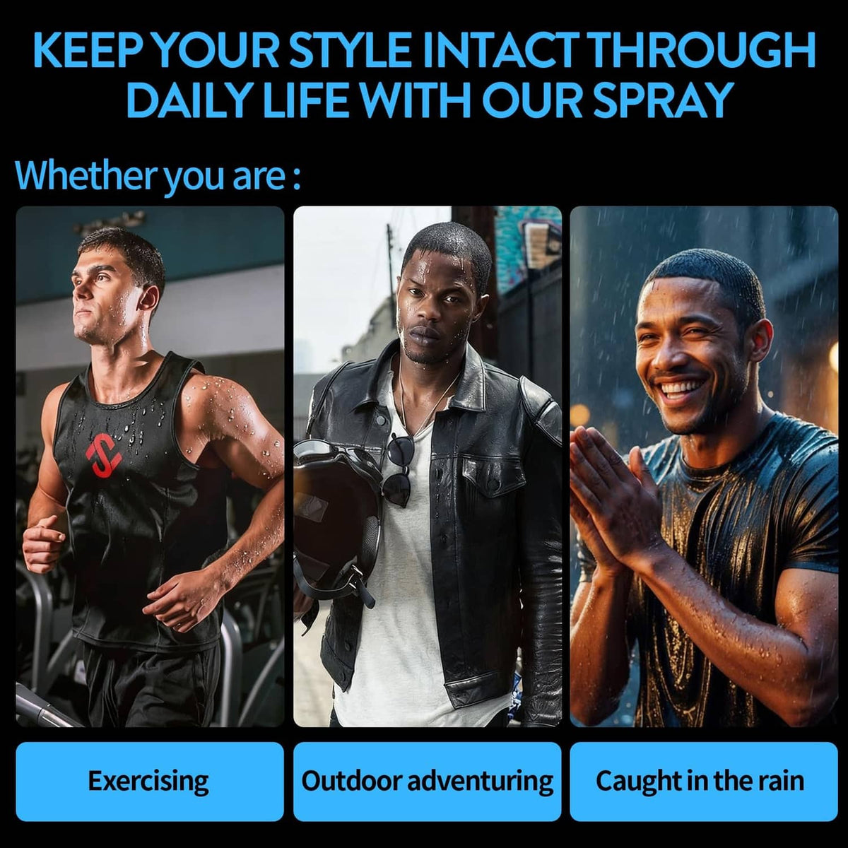 Hair fiber water-resistant spray bottle shown in use collage, against wet-weather styling