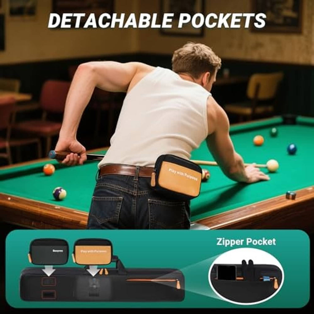 Black pool cue case with detachable zipper pockets and orange accent tabs