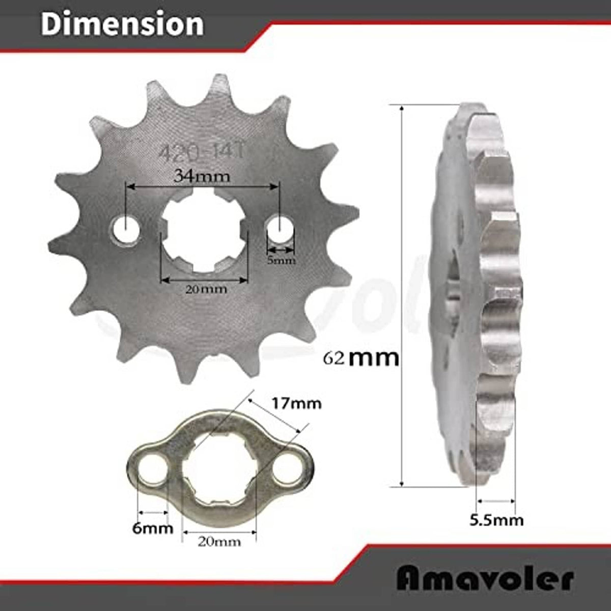 Front sprocket gear and mounting plate with size diagram