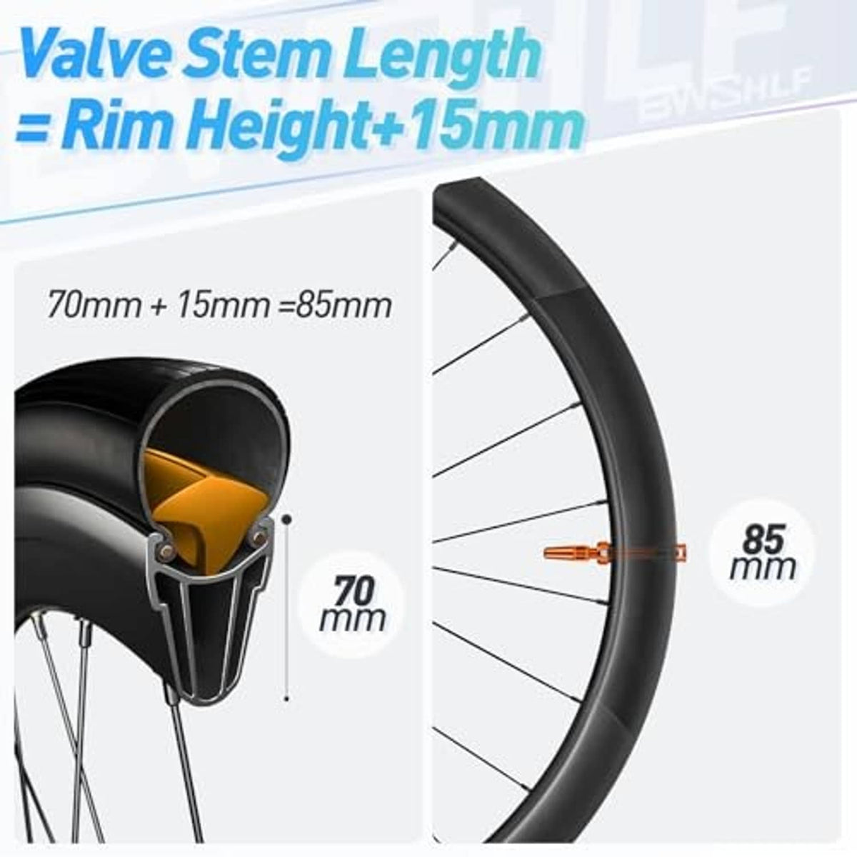 Presta tubeless valve stem showing extended length above the wheel rim