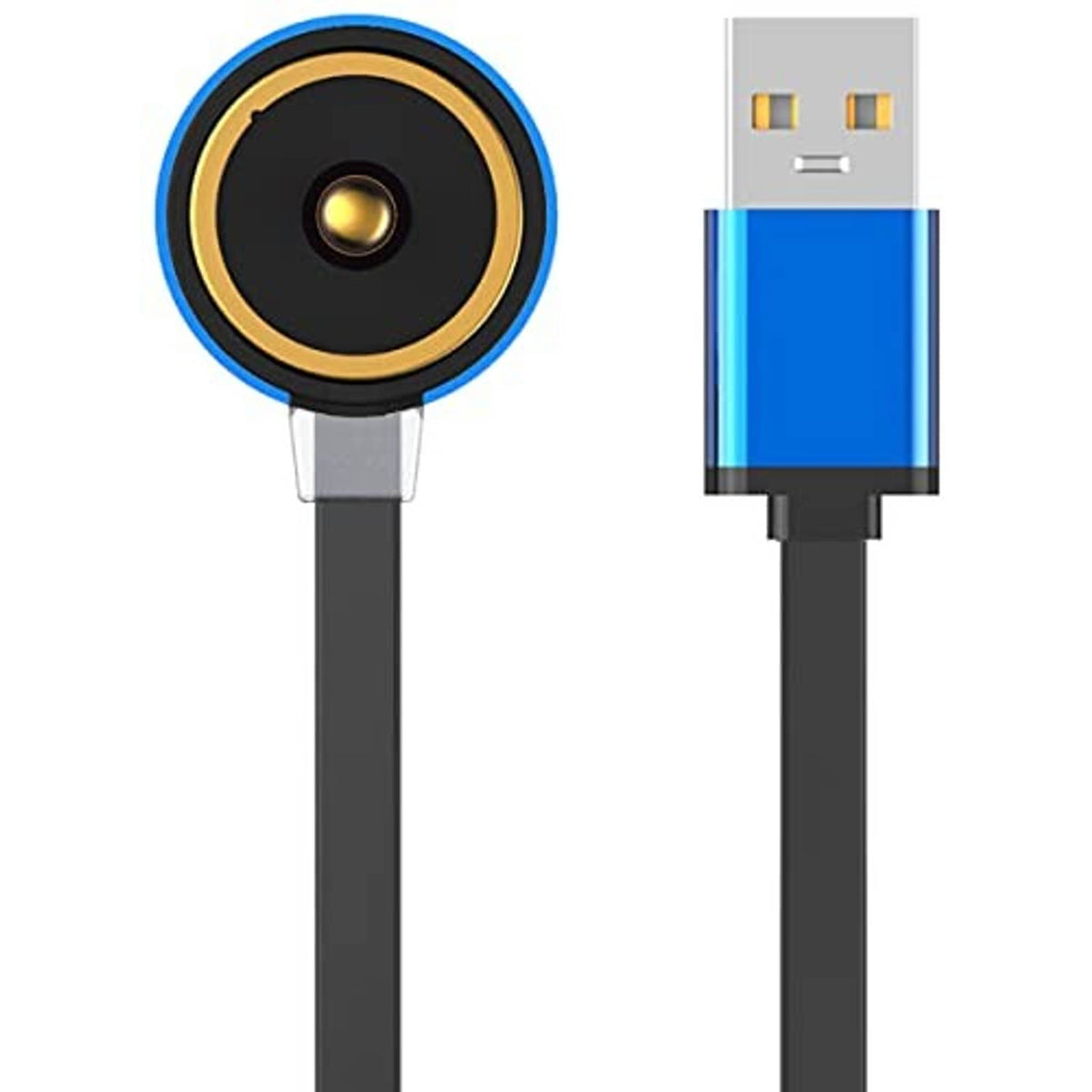 Magnetic USB charger cable with blue-topped connector and micro-USB plug