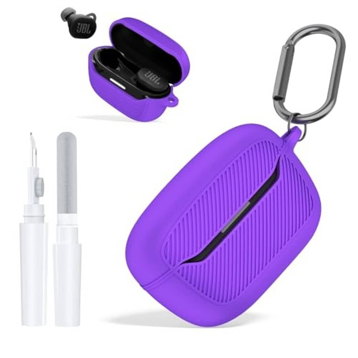 Purple silicone protective case cover with carabiner and charging cutout; ribbed surface