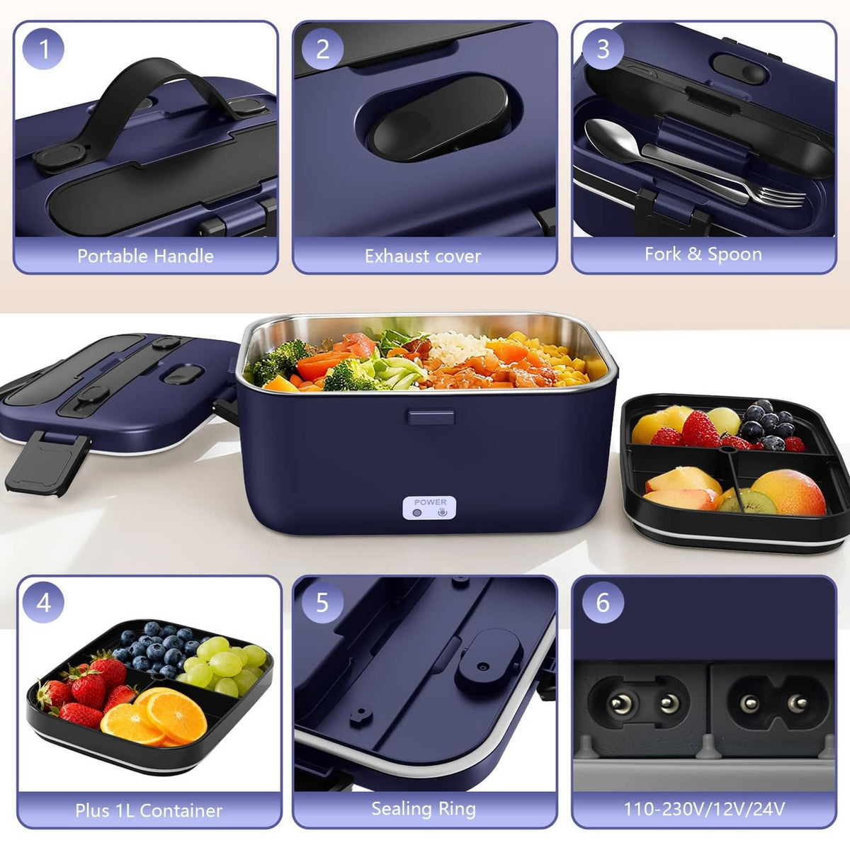 Blue electric lunch box with open double compartments and fork and spoon set.