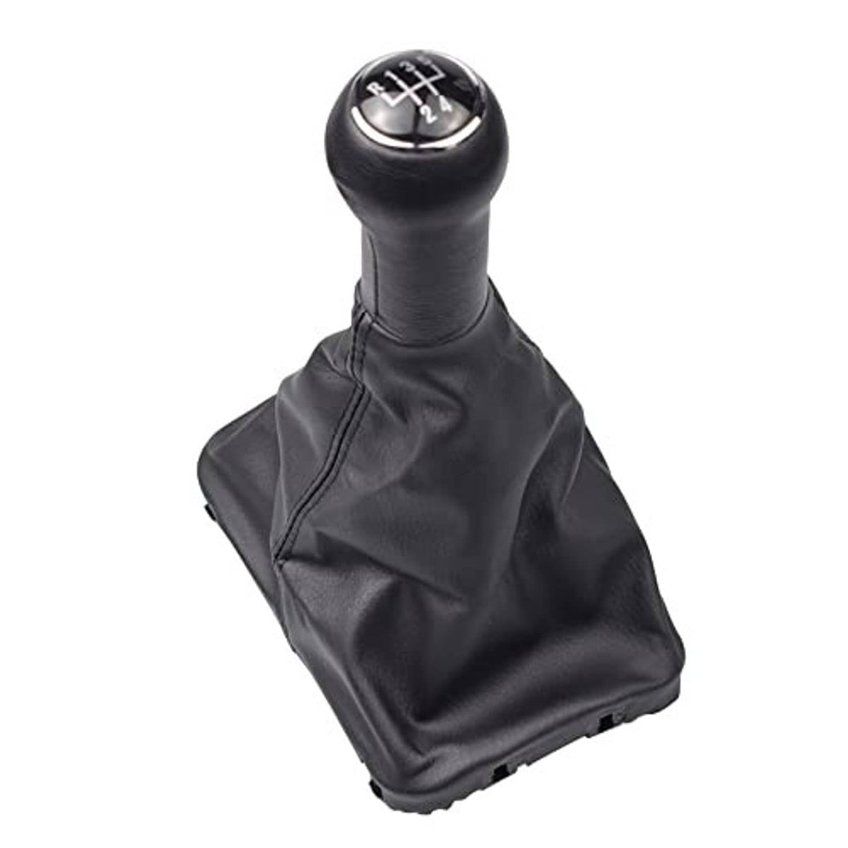 Black leather gear shift boot with round knob, 1–5 and R markings on chrome plate