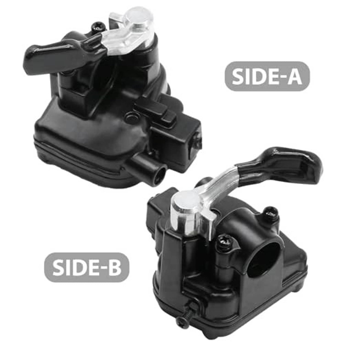 Black thumb throttle assembly, two-angle views with clear thumb lever