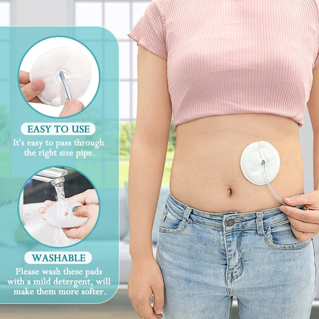 White round button cover pad on abdomen with small tube port opening
