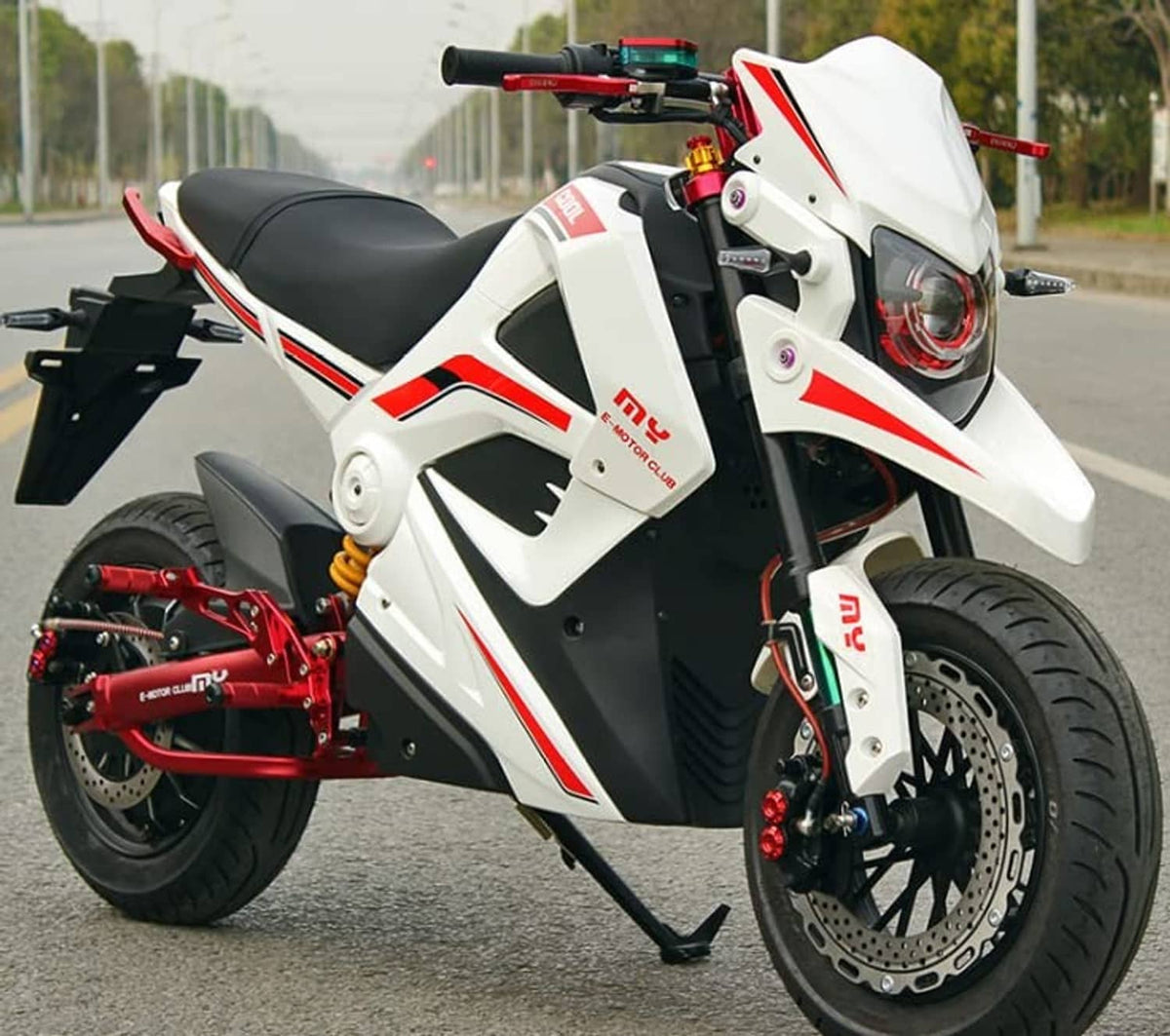 Motorcycle with installed silver folding foot pegs near the rearset