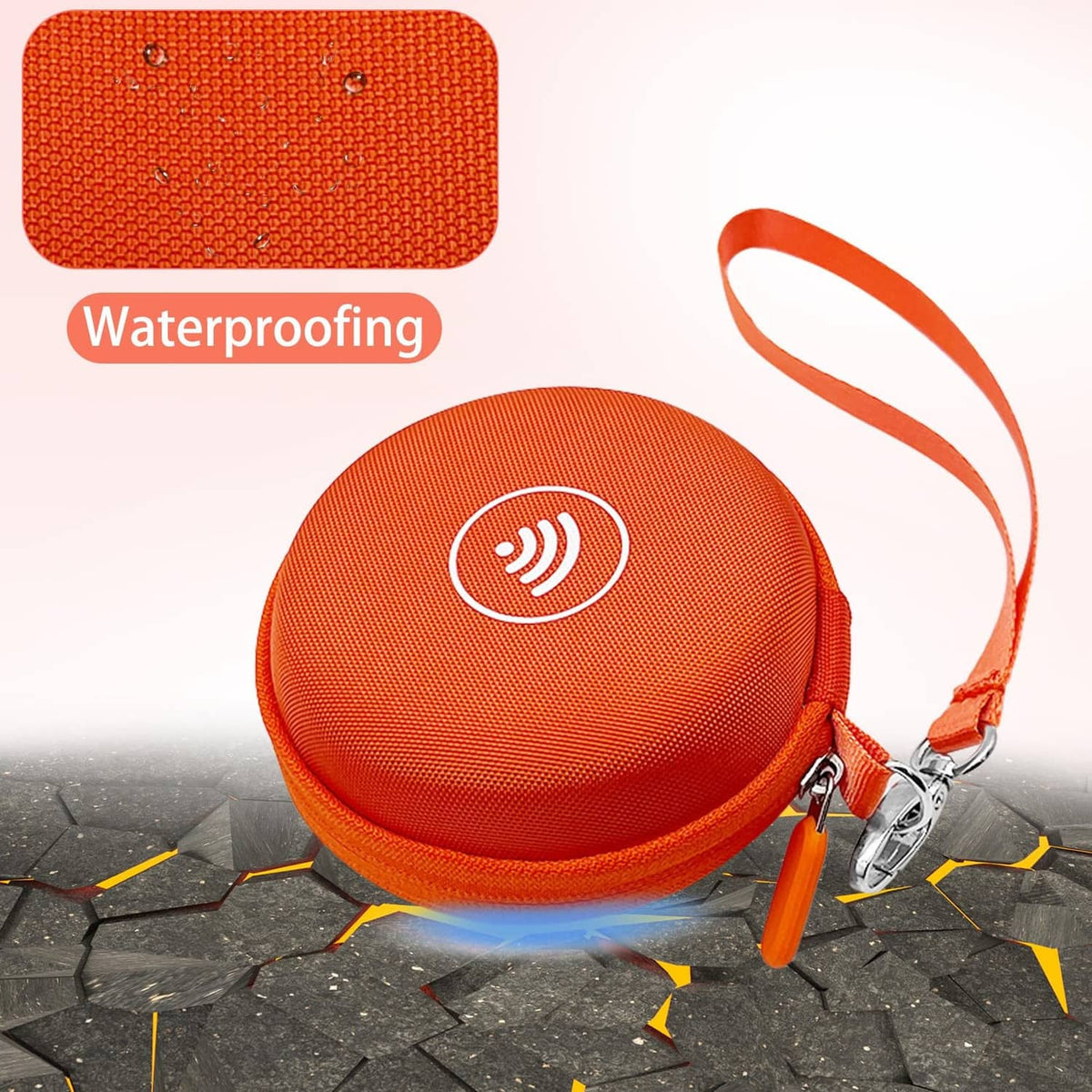 Orange round case with strap and zipper, showing white WiFi symbol on textured surface