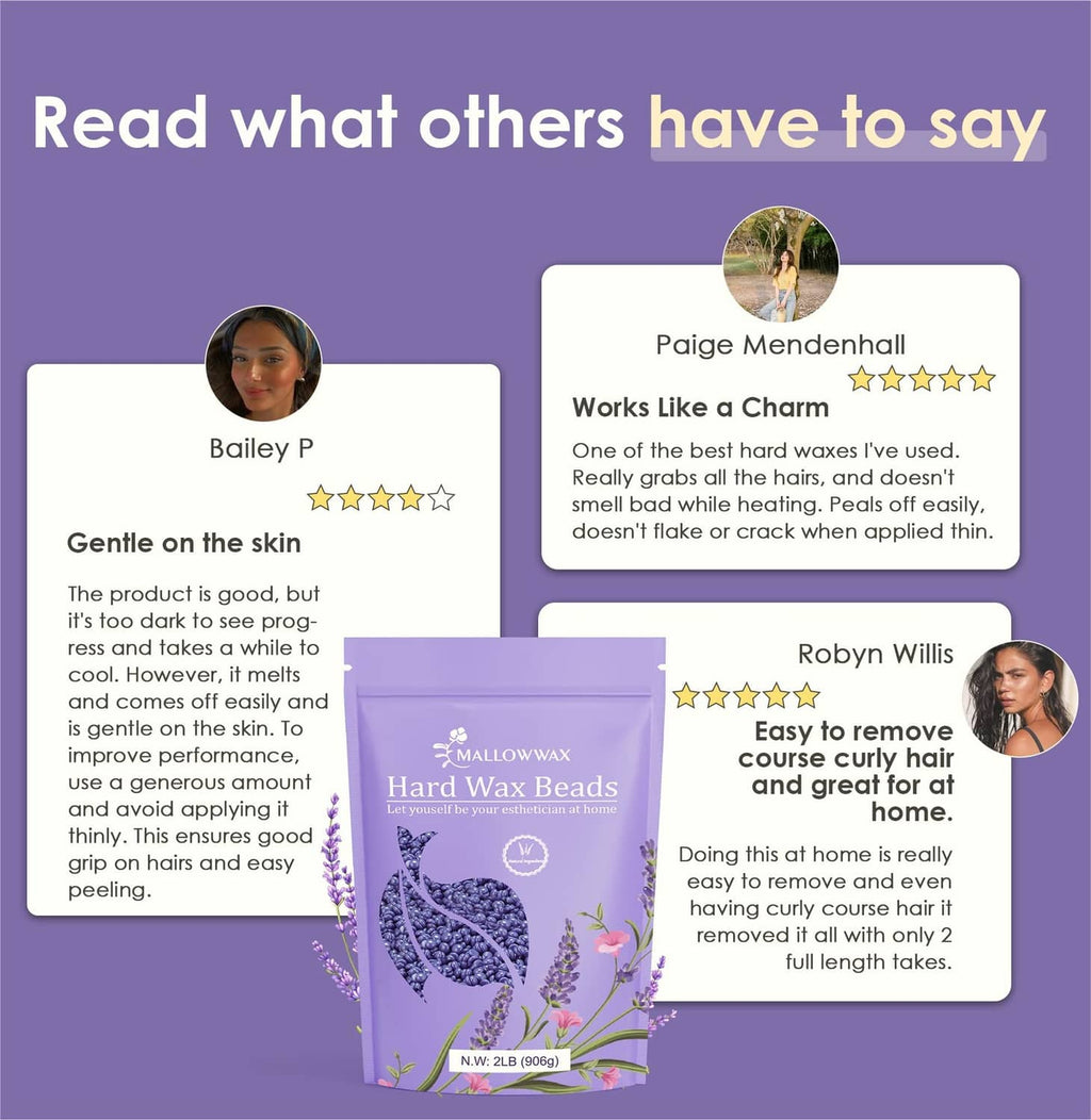 Hard wax beads pouch with customer review highlights