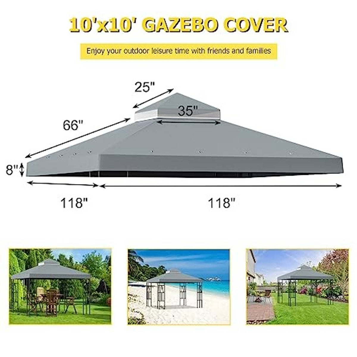 Gray double-tier gazebo canopy cover with sloped roof and vented top section