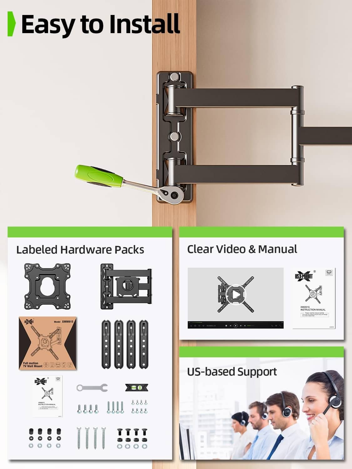 TV wall mount kit with bracket, hardware pack, and installation manual