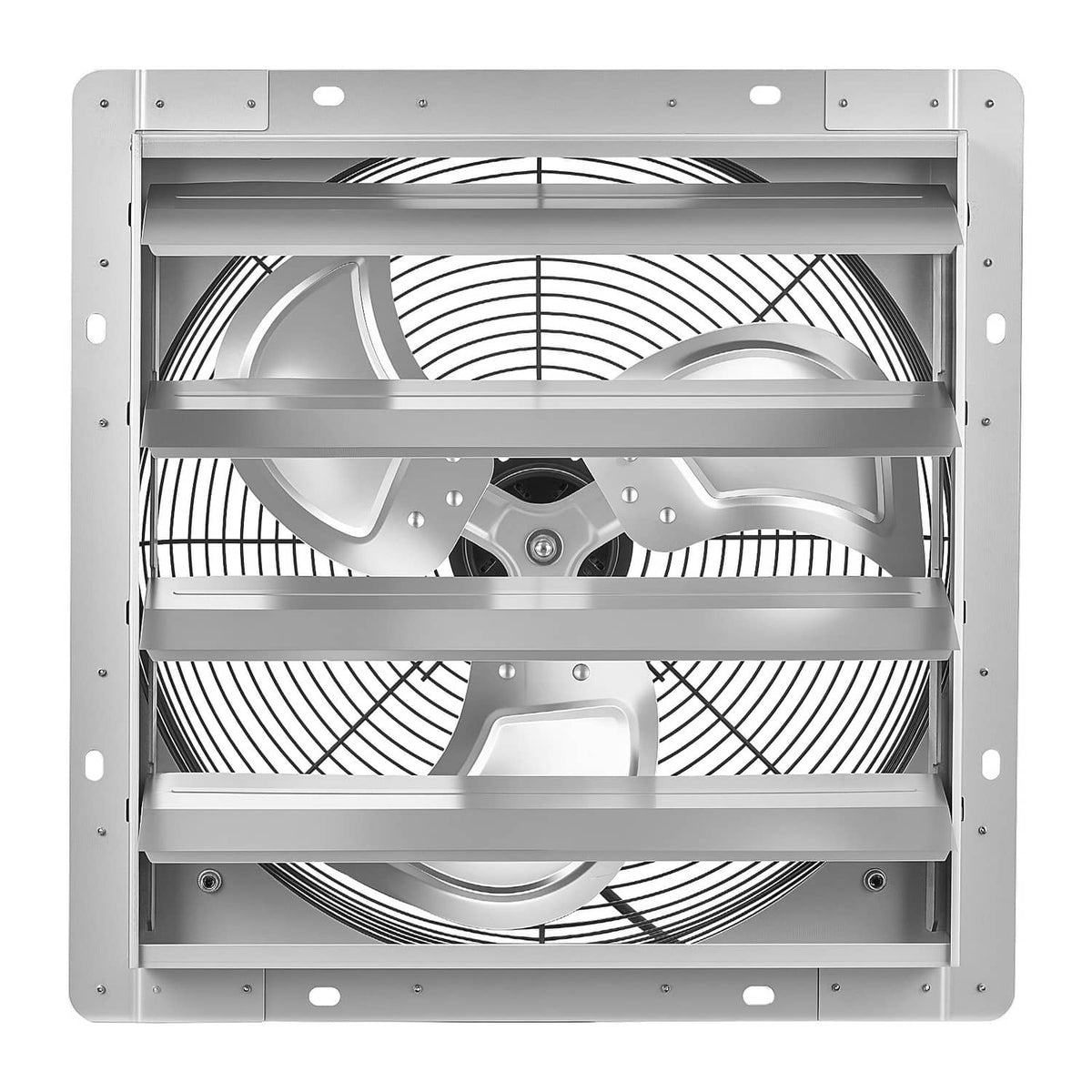 Wall-mounted 16-inch steel exhaust fan with louvered grille and metal housing, silver