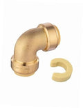 Brass push-fit 90-degree elbow fitting with two push ports and inner seal ring