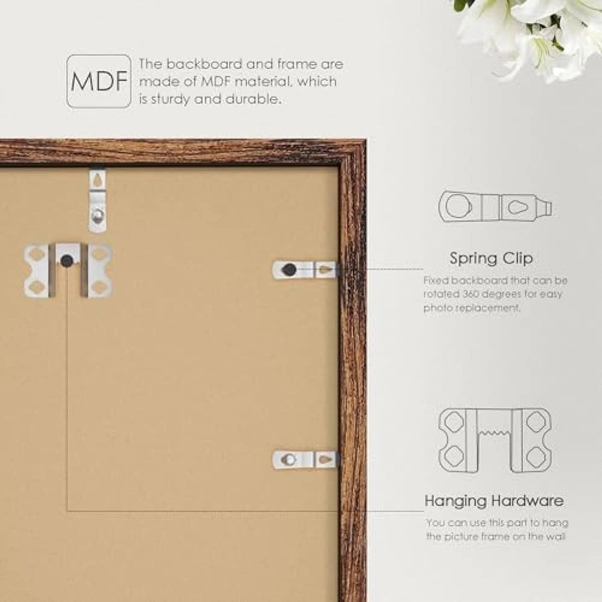 Brown picture frame back with spring clips and hanging hardware