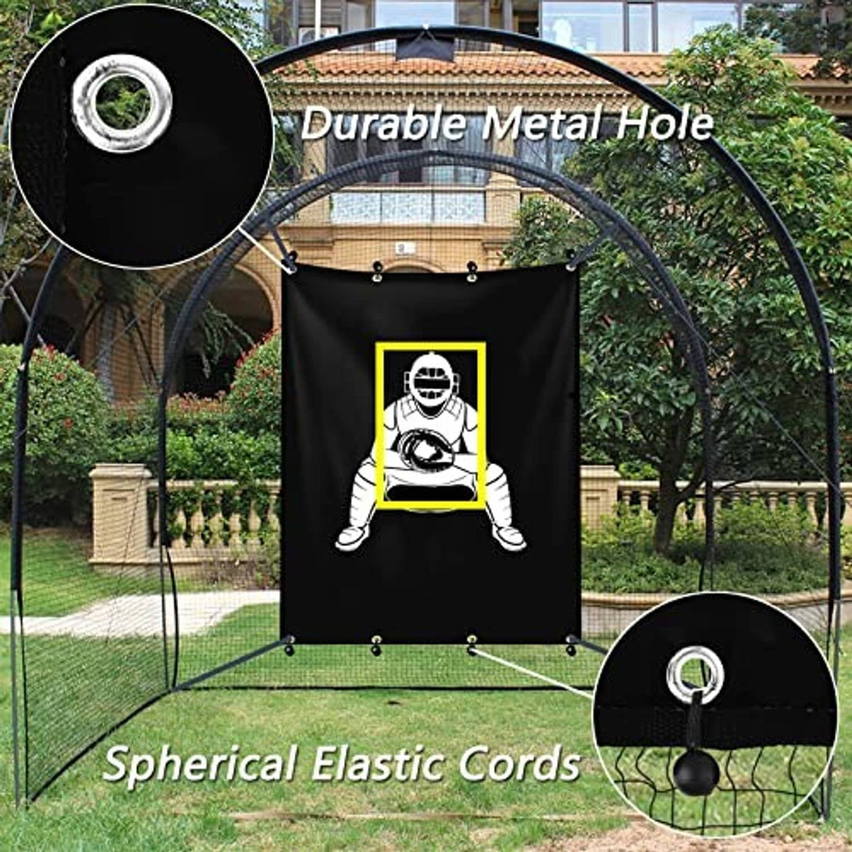 Black baseball target banner with catcher graphic, metal grommets and elastic cord loops