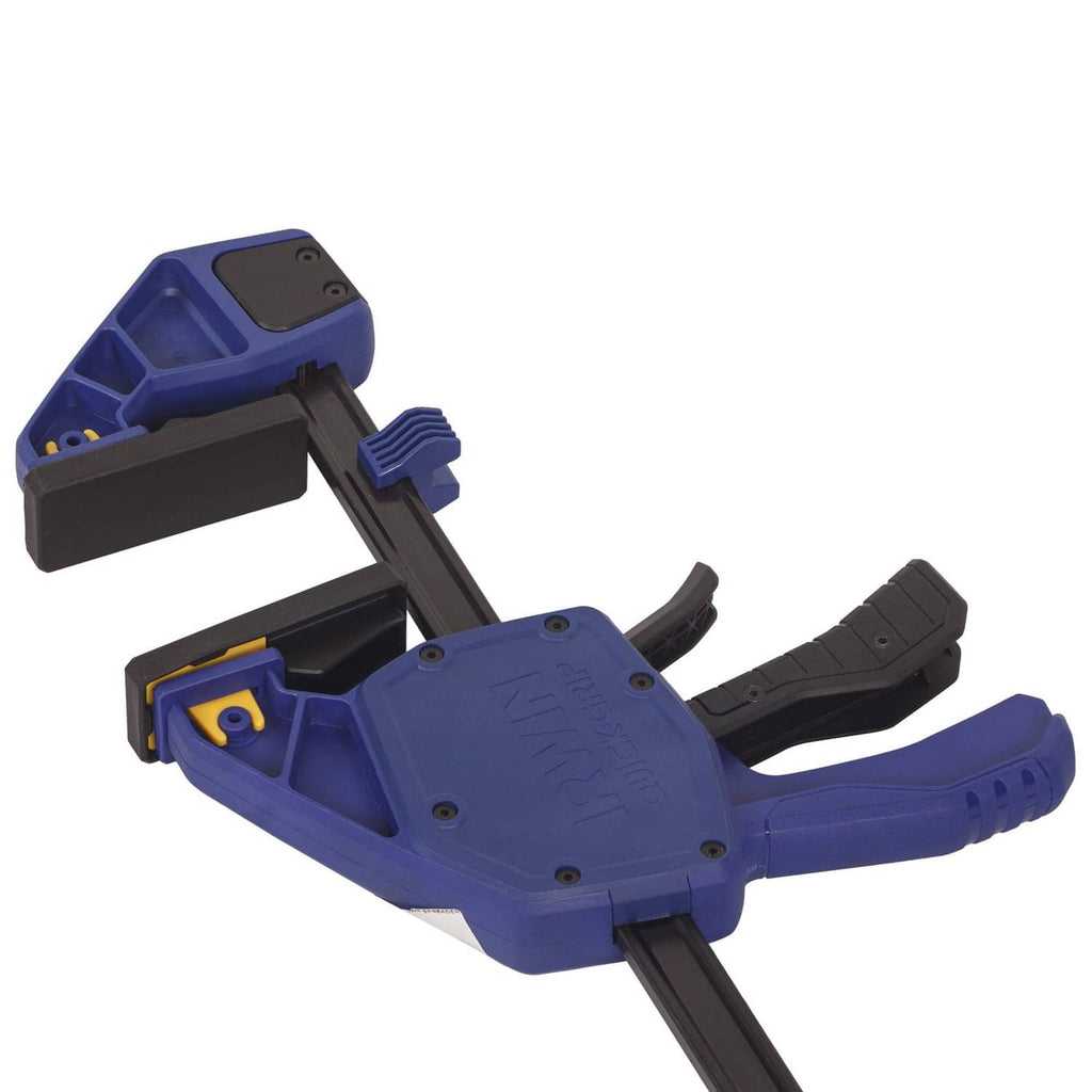 Irwin one-handed bar clamp with open jaw, blue-and-black head and grip handles.