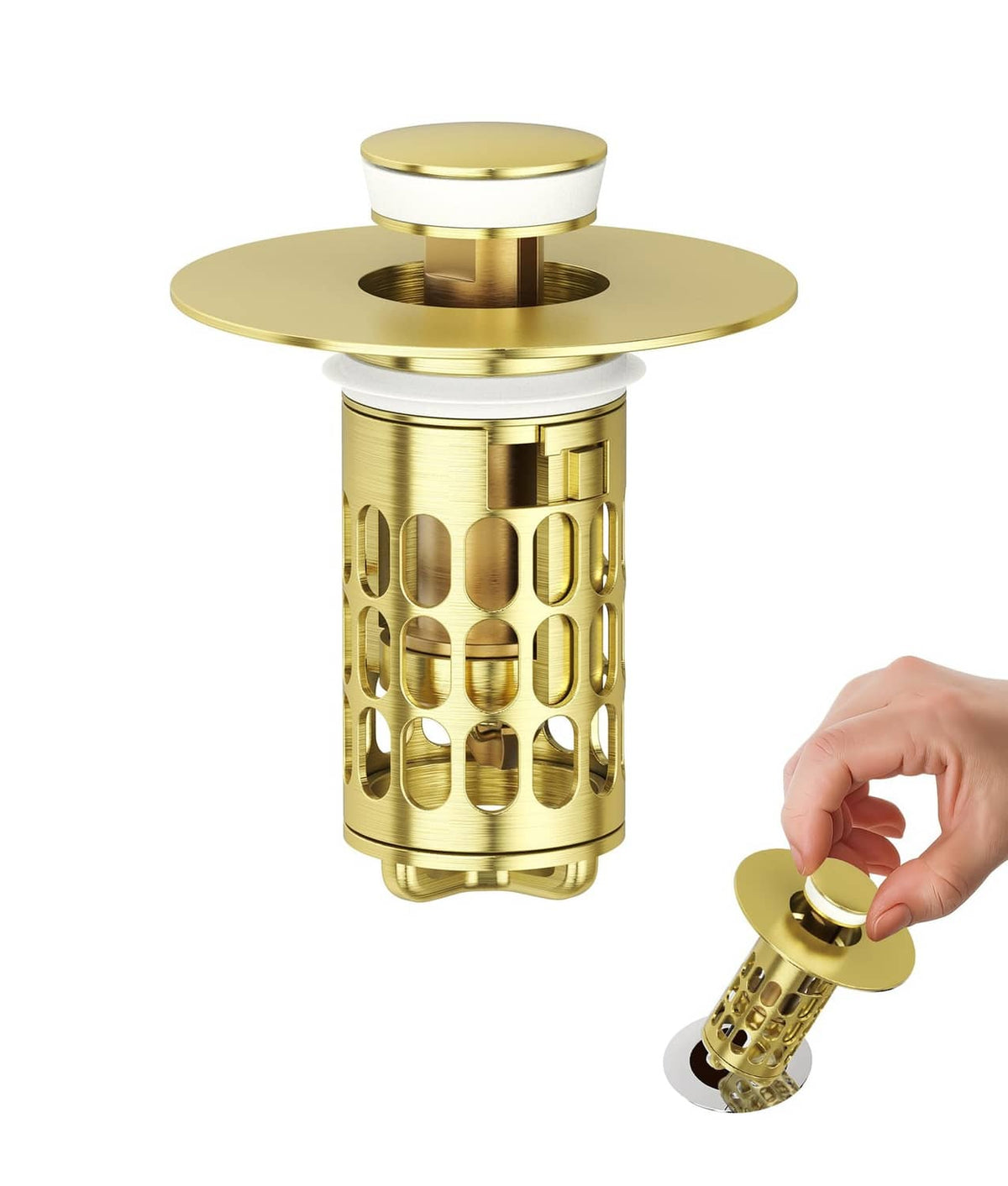Matte gold bathroom sink stopper with flat round cap and cylindrical filter basket