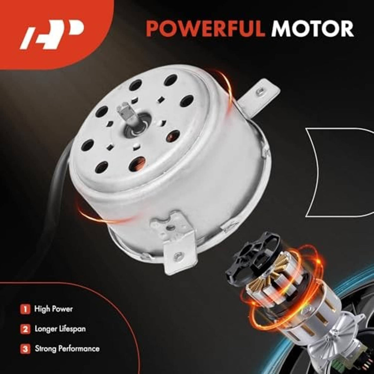 Radiator cooling fan motor with silver housing and metal mounting bracket