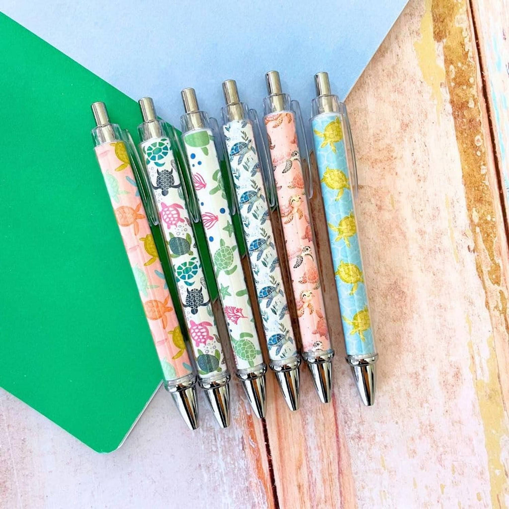 6-pack turtle-print pens with clear barrels and silver tips