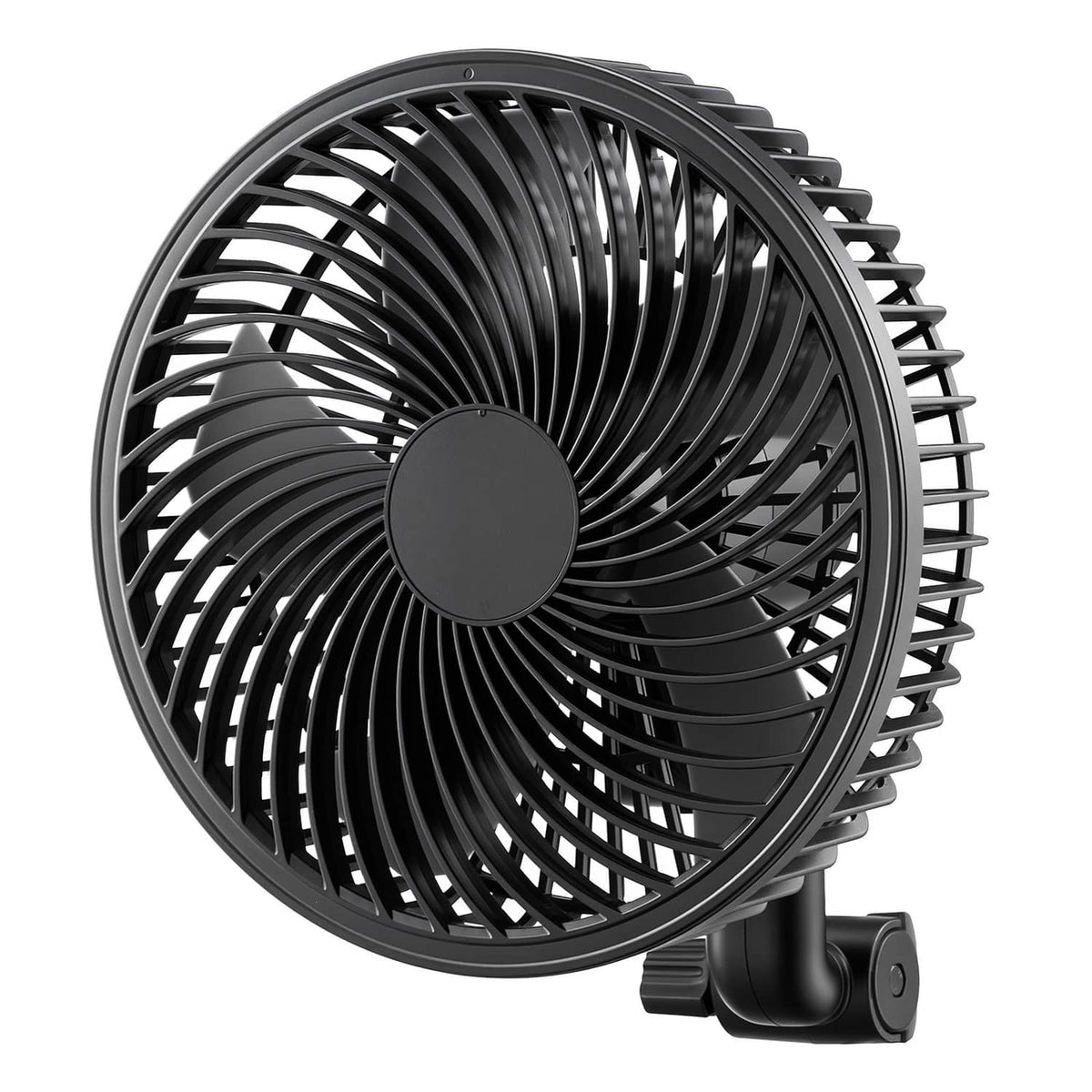 Clip-on grow tent fan with circular grille and clip, black