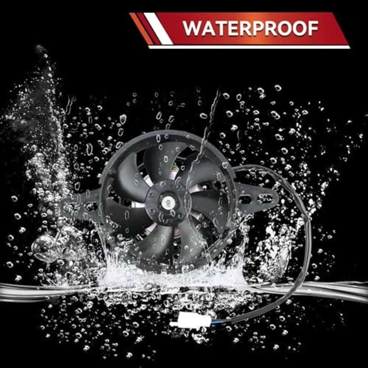 Waterproof motorcycle radiator cooling fan with black blades and electric cable in water spray