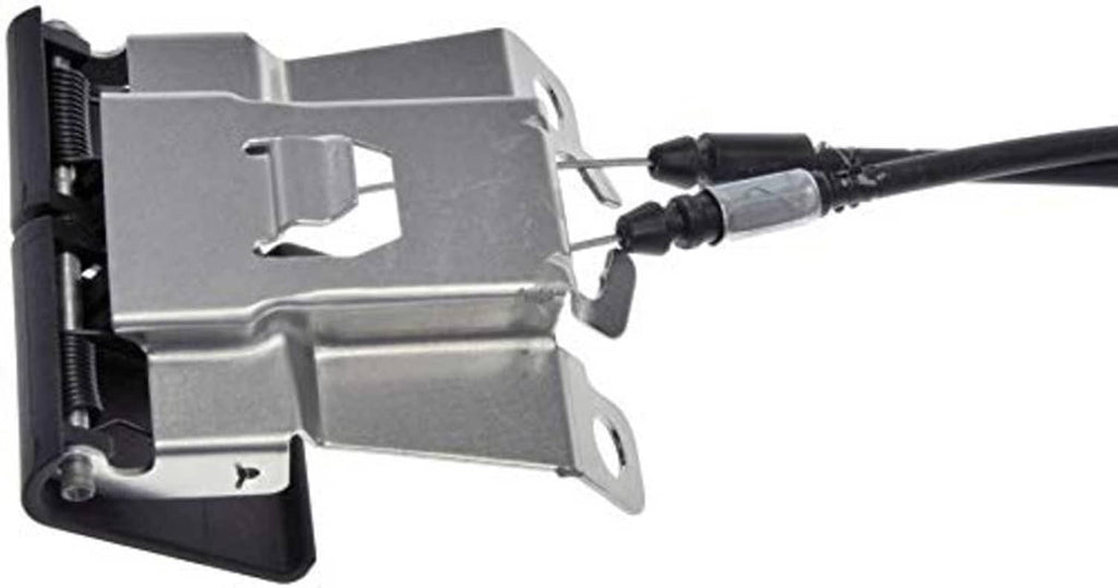 Hood release latch mechanism bracket with black cable and connector plugs
