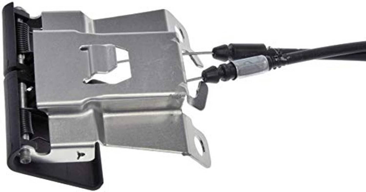 Hood release latch mechanism bracket with black cable and connector plugs