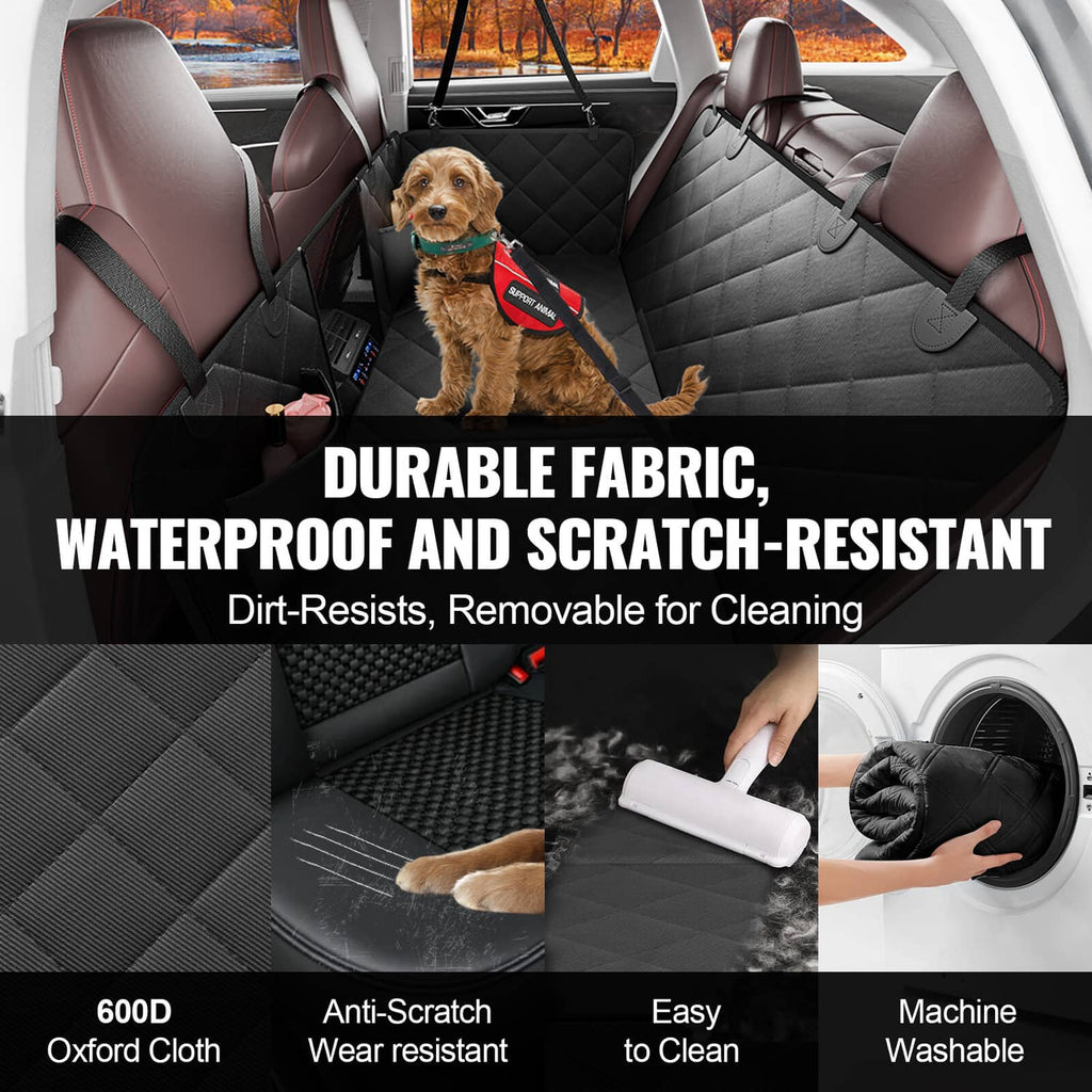 Black quilted waterproof dog seat cover for back seat with removable washable surfaces
