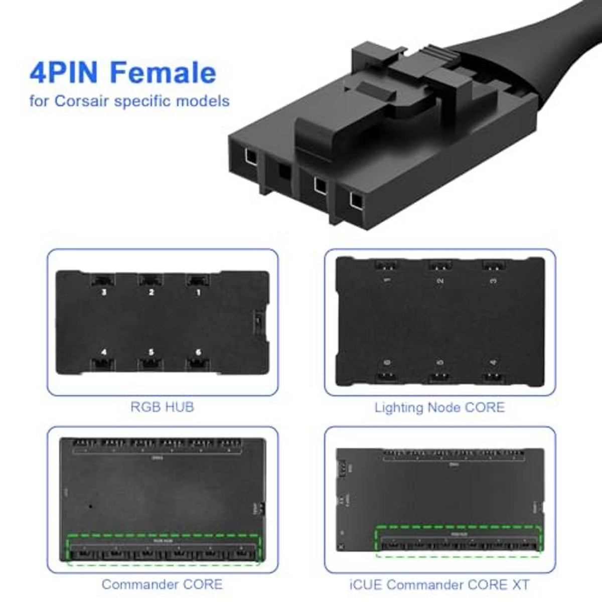 Black 4-pin female ARGB connector with molded pins on the cable end