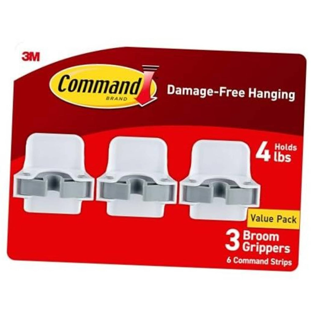 3-pack broom grippers: three white hangers with gray clips for tool handles