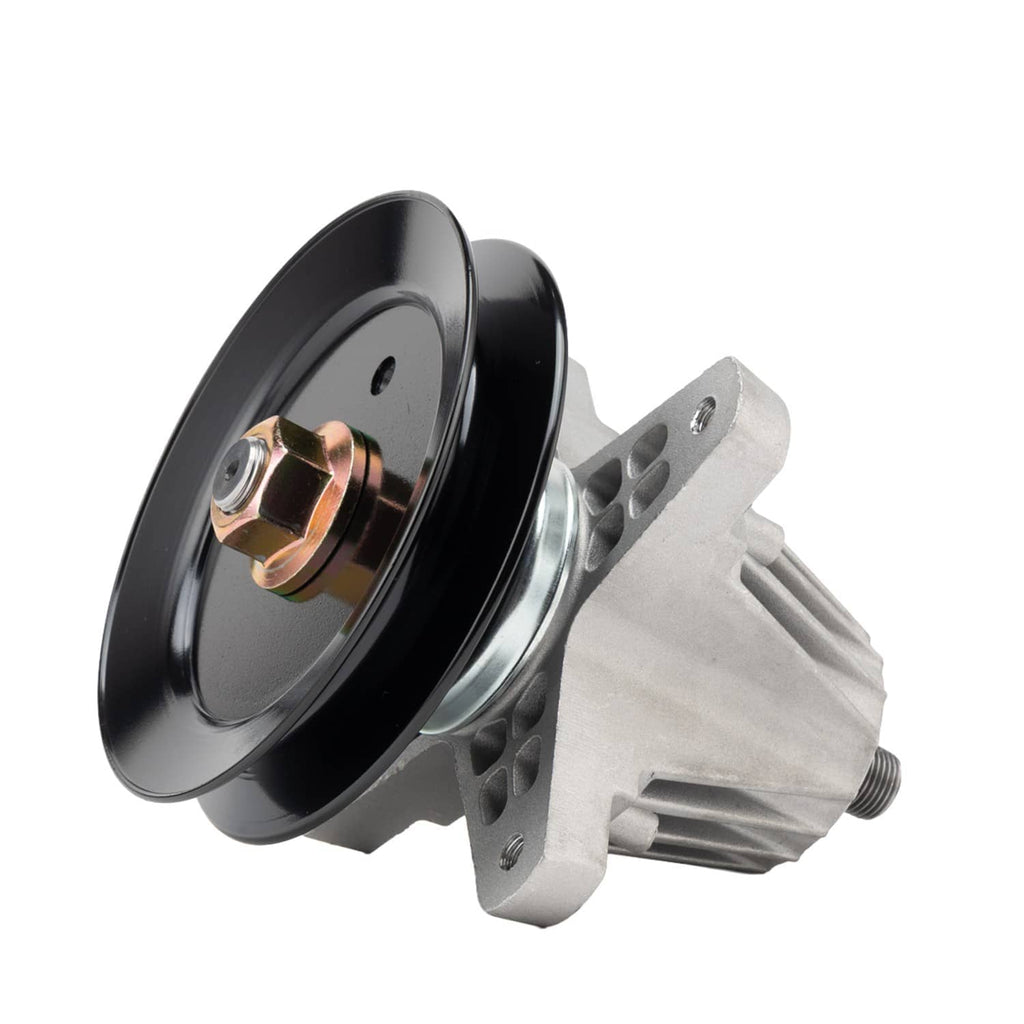 Deck spindle assembly with black pulley, silver housing, and copper hub insert
