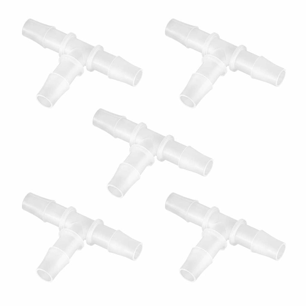 White plastic 3-way hose barb tee fittings, set of multiple pieces