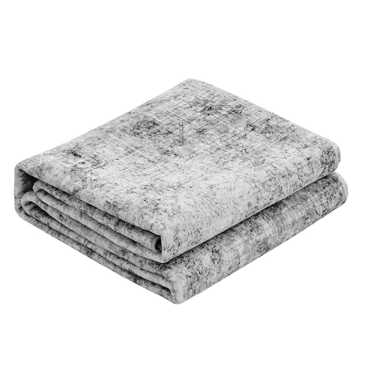 6x9 ft washable gray area rug, folded with textured distressed pattern