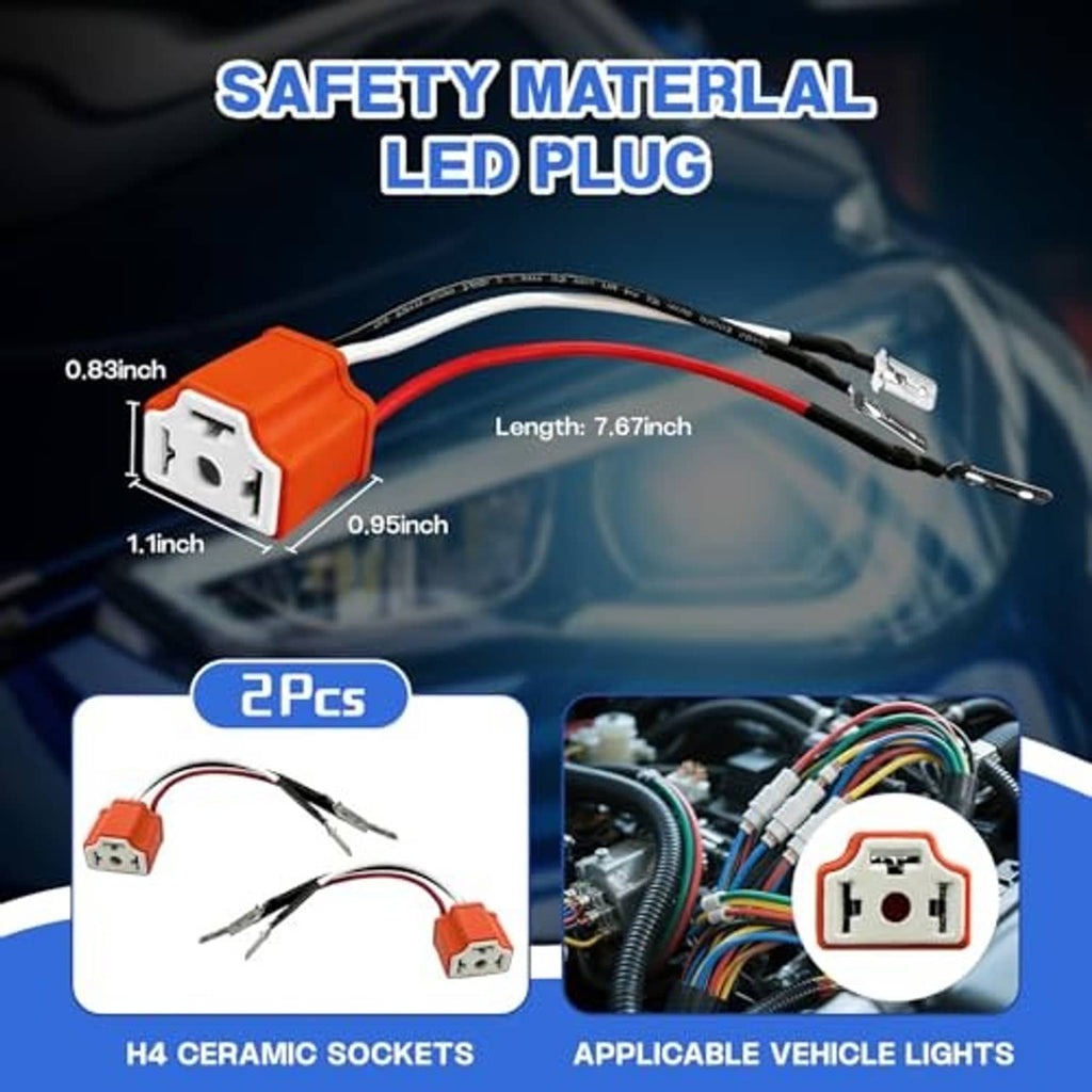 Orange ceramic H4 headlight pigtail connector pair with white sockets and red/black cables