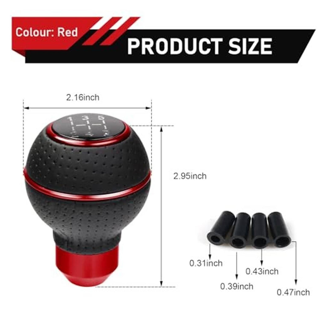 Black leather ball gear shift knob with red trim, shown with size measurements