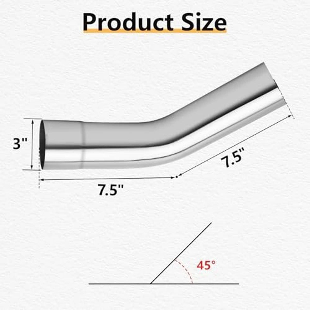 45-degree exhaust tube elbow diagram, 3-inch opening and 7.5-inch lengths