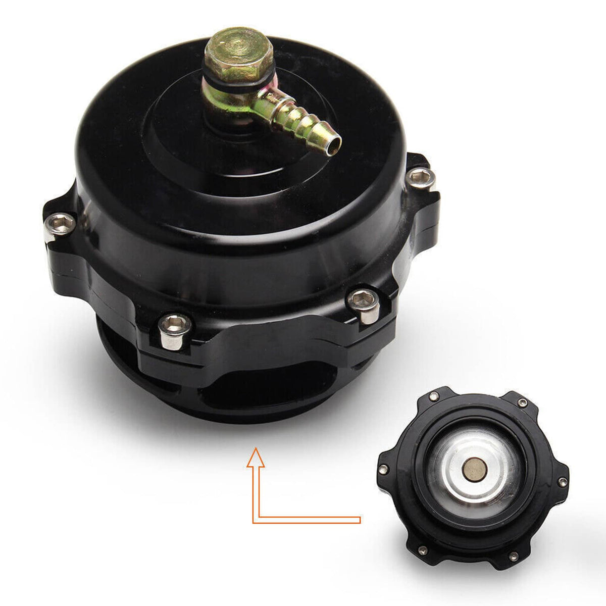 Black blow-off valve with brass-topped vacuum fitting and round diaphragm cover