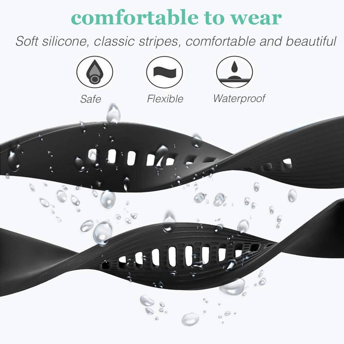 Black silicone watch band with ridged stripes, shown with water droplets