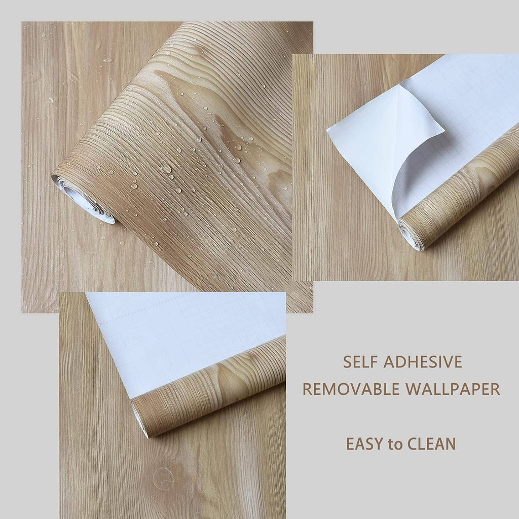 Rolled self-adhesive faux wood wallpaper sheets, light wood grain with gray lines