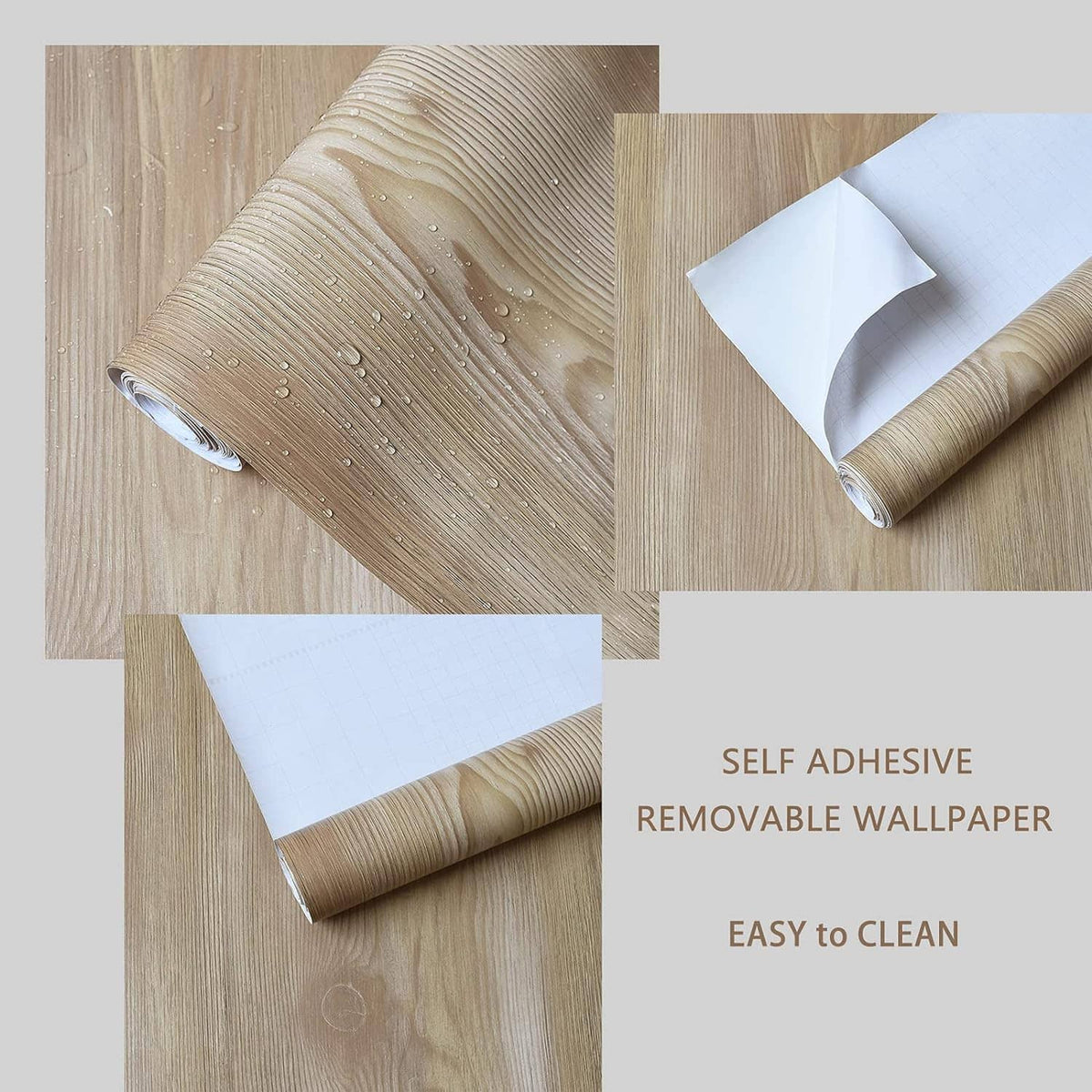 Rolled self-adhesive faux wood wallpaper sheets, light wood grain with gray lines