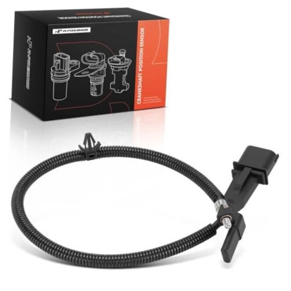Crankshaft position sensor with black wiring harness and gray electrical connector