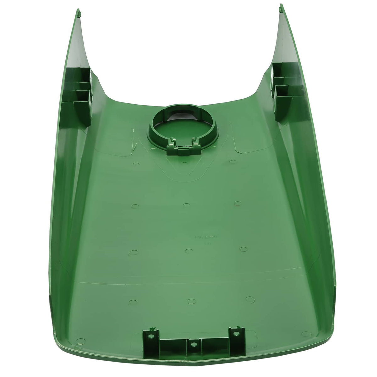 Underside view of green tractor upper hood with central fuel door base opening