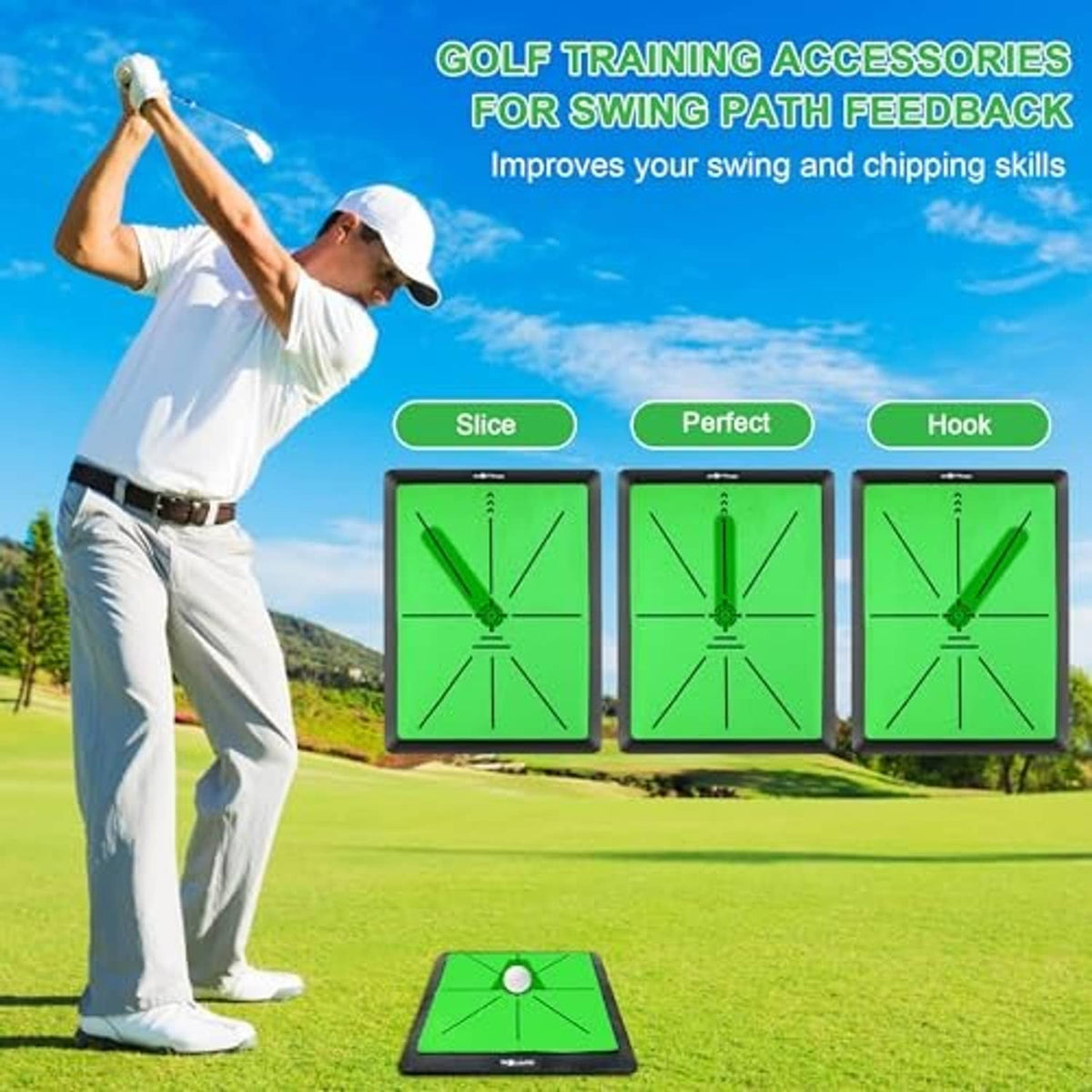 Golf swing path feedback training mat with green practice turf and target markings
